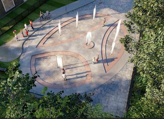 A playground with a slide, swings, and a basketball court.