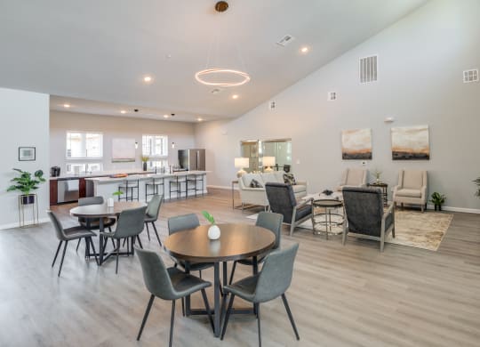 a living room and dining room with tables and chairs and a kitchen