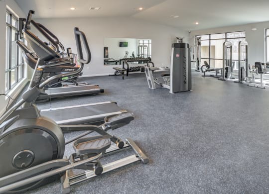 a gym with cardio equipment and weights on the floor