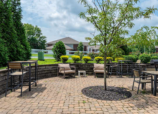 a patio with tables and chairs and a tree