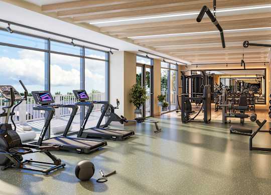 A gym with treadmills, weights, and exercise machines.