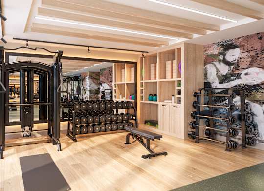 A gym with a variety of equipment including weights and a bench.