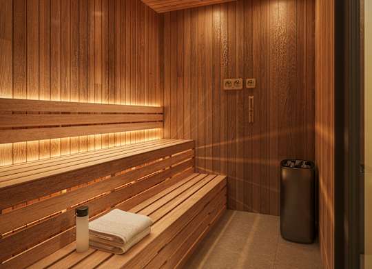 A wooden sauna with a towel and a container on the bench.