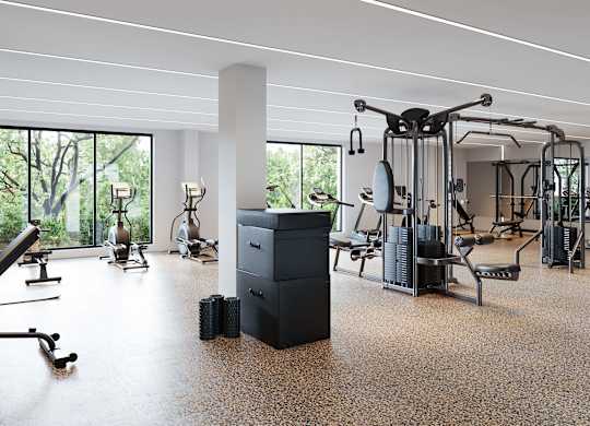 A gym with a variety of equipment including treadmills, weights, and exercise machines.