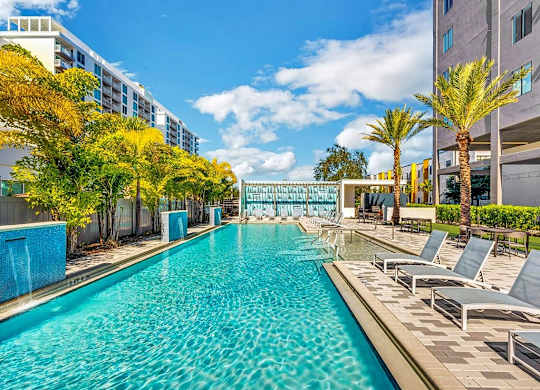 a swimming pool at a hotel with palm trees and chairs at Elements on Third Apartments, St. Petersburg, Florida