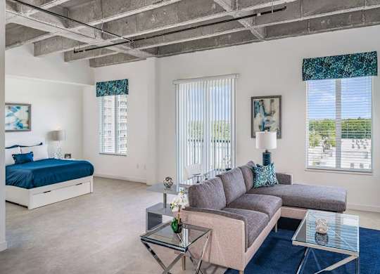 a living room with a couch and a bed at Elements on Third Apartments, St. Petersburg, Florida