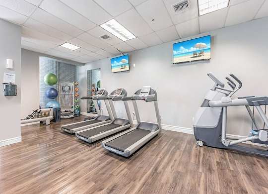 a gym with treadmills and other exercise equipment at Elements on Third Apartments, St. Petersburg, FL, 33713