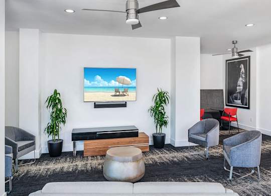 a living room with a couch and chairs and a television at Elements on Third Apartments, Florida