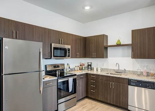 a kitchen with stainless steel appliances and wooden cabinets at Elements on Third Apartments, Florida, 33713