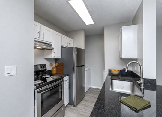 A modern kitchen with stainless steel appliances and a black countertop.
