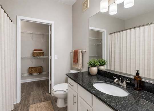 A bathroom with a white toilet, a sink, and a mirror.