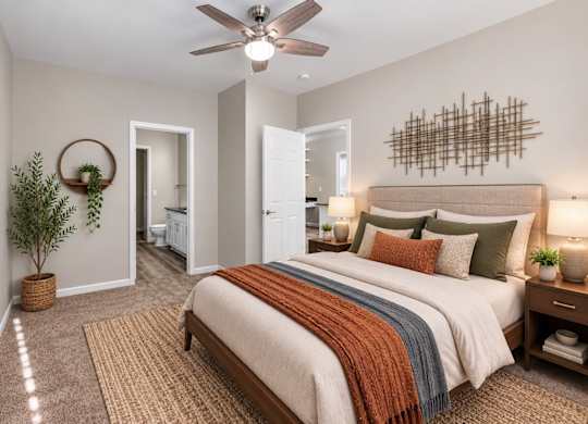 A bedroom with a large bed and a ceiling fan.