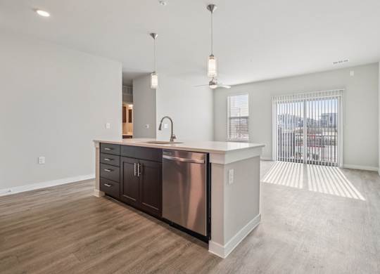 A modern kitchen with a stainless steel sink and wooden floors.