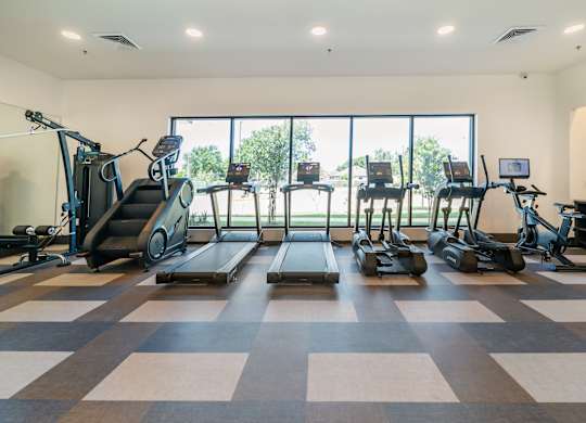A gym with treadmills, elliptical machines, and a rowing machine.