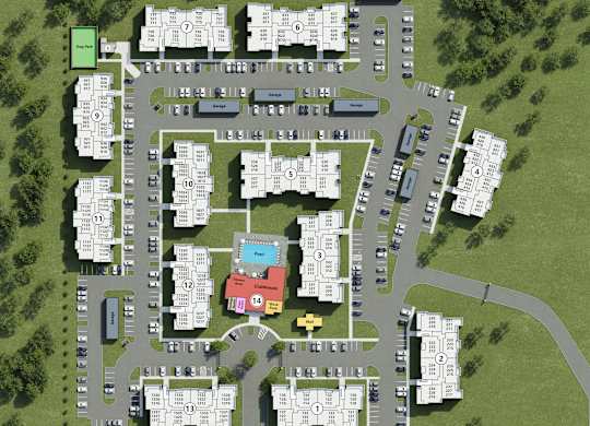 A 3D rendered image of a mmberap showing a layout of buildings with nued sections at 901 Rendon Apartments, Burleson.