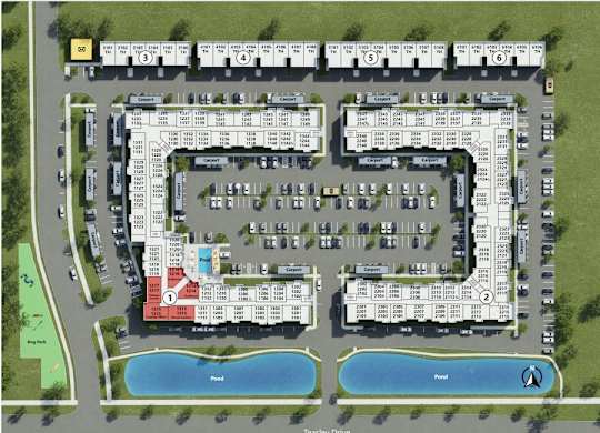 A map shows a layout of a complex with buildings, roads, and two ponds at Arden at Corinth, Corinth, TX 76210.