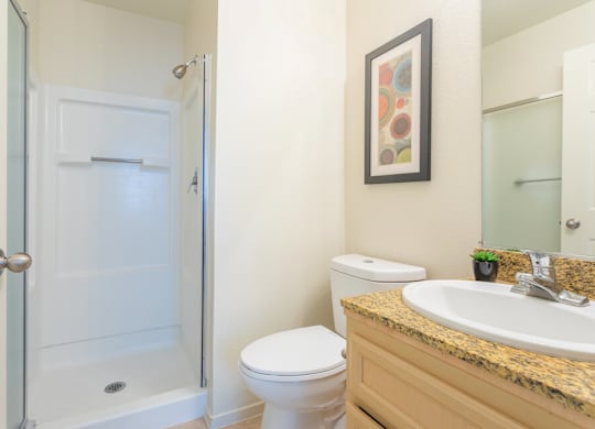 A bathroom with a toilet, sink, and shower at Palm Court Apartments, Salinas, California
