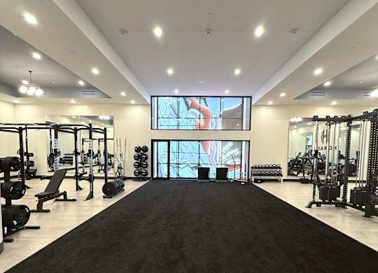 A gym with a variety of equipment and a large screen on the wall.