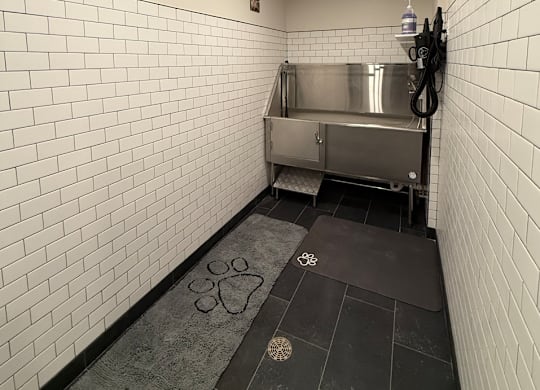 A white tiled pet wash with a sink and a dog paw print on the floor.