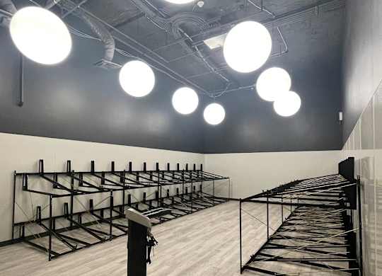 A room with many secure bike racks