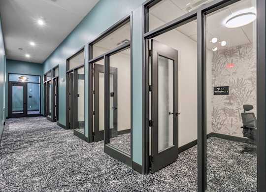 A hallway with glass doors and a carpeted floor at LiveWell Apartments, Pittsburgh, PA, 15222