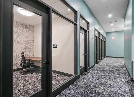 A long hallway with a carpeted floor and glass doors at LiveWell Apartments, Pittsburgh, PA