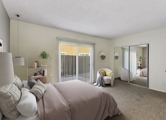 a bedroom with a large bed and a mirror