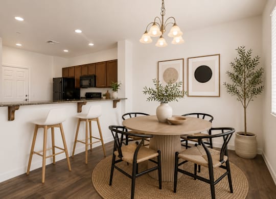 A kitchen with a bar area and a dining table set up.