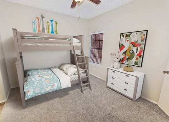 a bedroom with a bunk bed and a dresser at Heatherstone, Dallas, TX