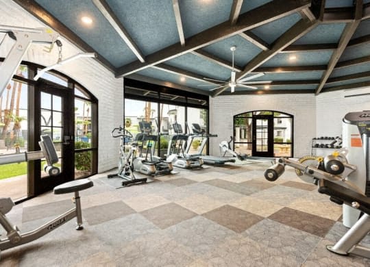 the home gym has plenty of exercise equipment and windows at Vertu, Arizona