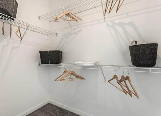 A white closet with hangers and a black box.