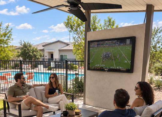 Four people are sitting on chairs in a patio area.