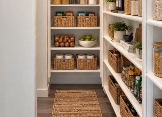 A pantry with white shelves and baskets filled with food items.