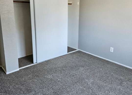 an empty room with a carpet and a closet