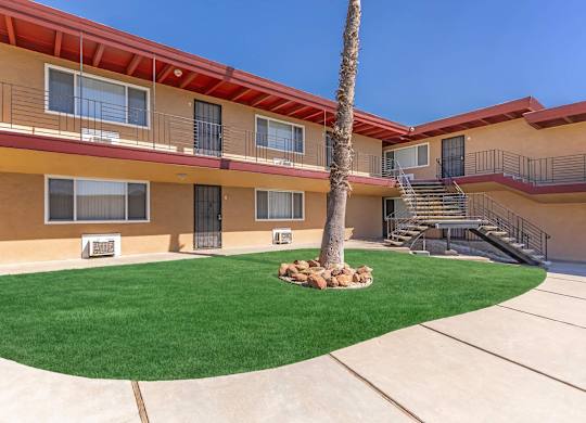 the courtyard of a building with a palm tree and green grass