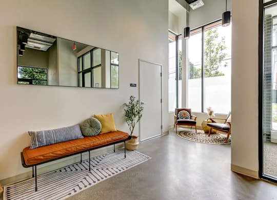 A room with a bench, a mirror, and a plant.