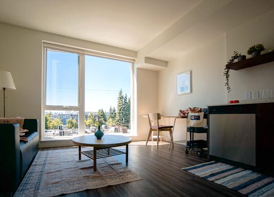 A living room with a view of the outdoors through the large windows.