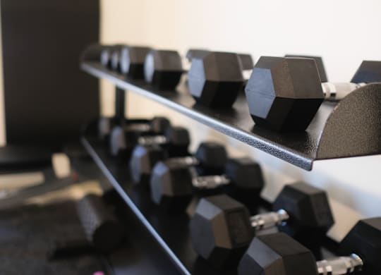 A set of hexagonal dumbbells are on a rack.