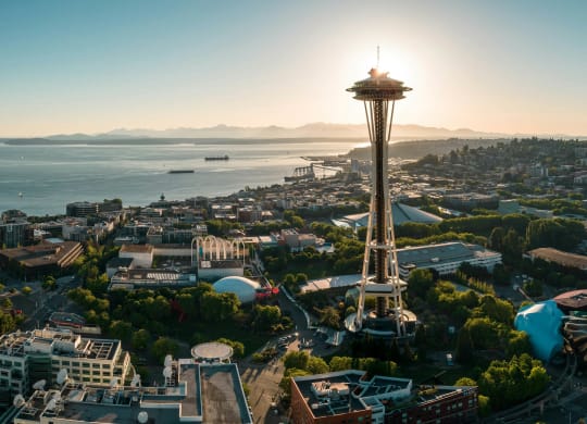 an aerial view of the space needle and the city