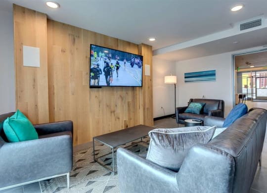a living room with couches and a tv on the wall