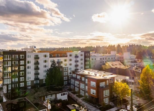 an aerial view of an apartment building in a city