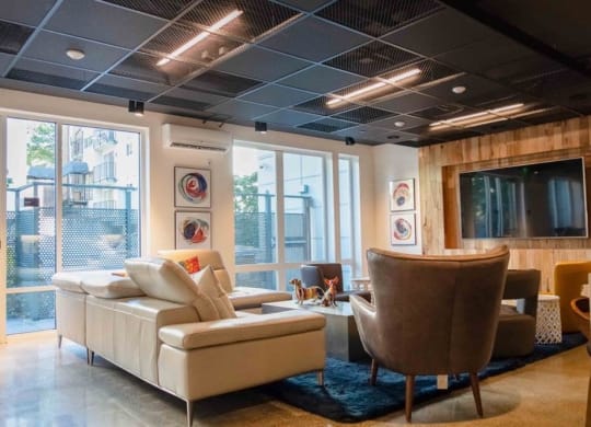 a living room with couches and chairs and a television