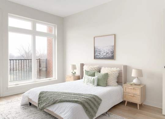 A bedroom with a large bed and a picture on the wall.
