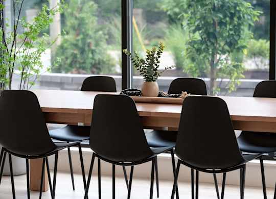 A long table with black chairs and a potted plant on it.