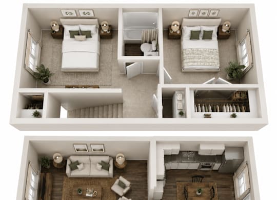 A top-down view of a two-bedroom apartment with a living room, kitchen, and bathroom.