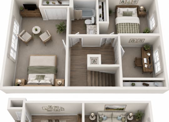 A 3D floor plan of a two-bedroom apartment.