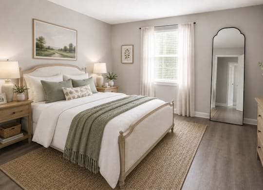 A bedroom with a large bed and a mirror on the wall.