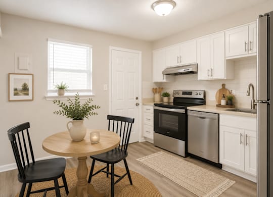A kitchen with a table and chairs in the foreground and a refrigerator, oven, and microwave in the background.