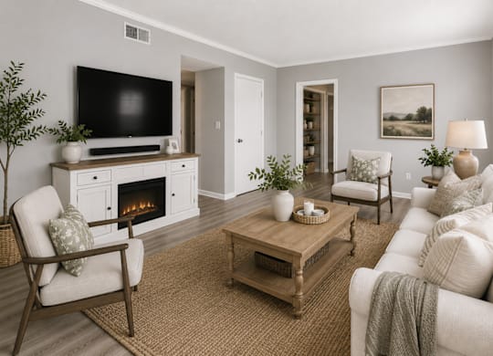 A living room with a fireplace, a chair, a couch, and a coffee table.