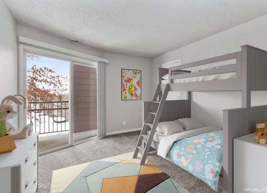 a bedroom with a bunk bed and a sliding glass door at Eastwood Crossings, Kansas City, MO, 64129